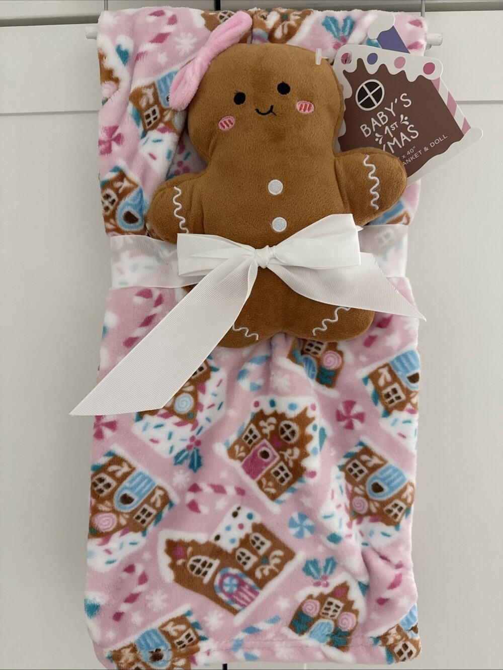 Gingerbread Baby Blanket & Plush Toy Doll Pillow 2Pc Gift Set My First Christmas